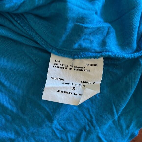 AGB Size S Peacock Blue Knit Top with White Lace Appliqué Elastic Waist - Picture 10 of 11